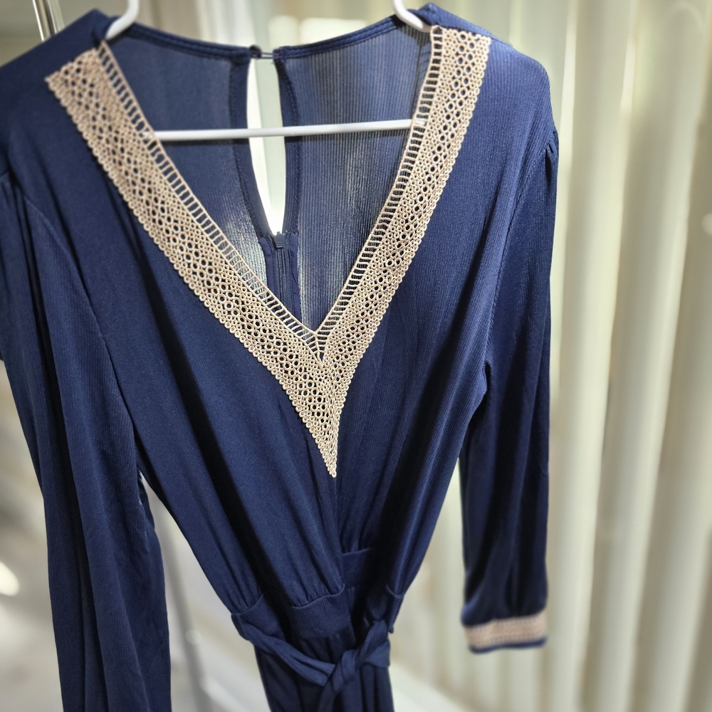 Jumpsuit Navy Blue V Neck with Trim